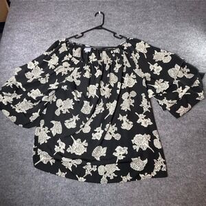 Meri Skye Womens 2X Black White Floral Off Shoulder Tiered Ruffle Blouse Top